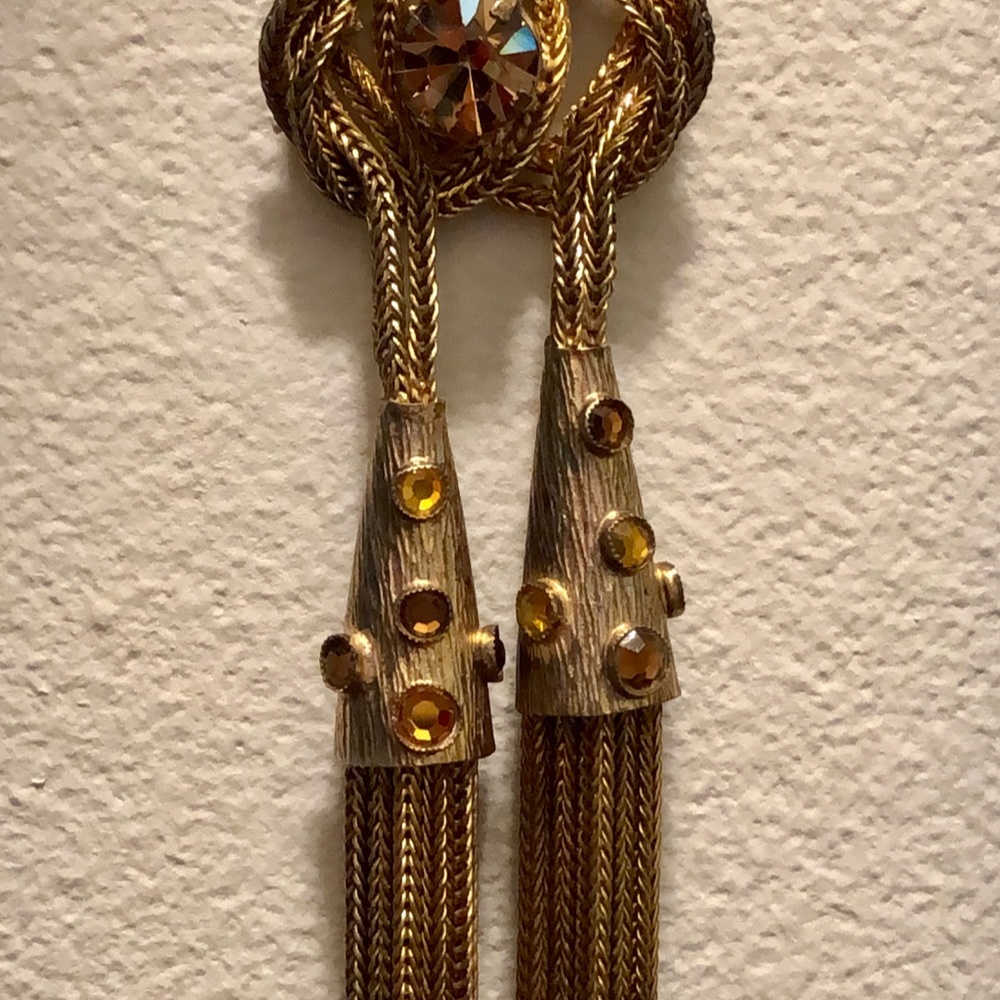 Vintage Gold Crystal Rhinestone Tassel Necklace - Picture 6 of 9